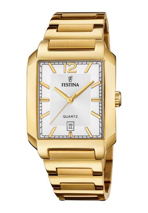 Goldene rechteckige Festina Quarzuhr mit weißem Zifferblatt, goldenen Stundenmarkierungen und Zeigern sowie Datumsanzeige bei 6 Uhr.