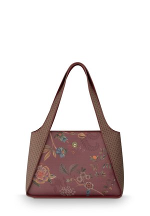 Maroon handbag with floral pattern and two wide, textured handles extending from the sides to form shoulder straps.