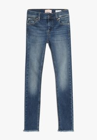 Jean slim bleu foncé avec un délavage, ourlet effiloché, cinq poches et fermeture à bouton à la taille. Fabriqué en denim.