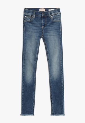 Jean slim bleu foncé avec un délavage, ourlet effiloché, cinq poches et fermeture à bouton à la taille. Fabriqué en denim.