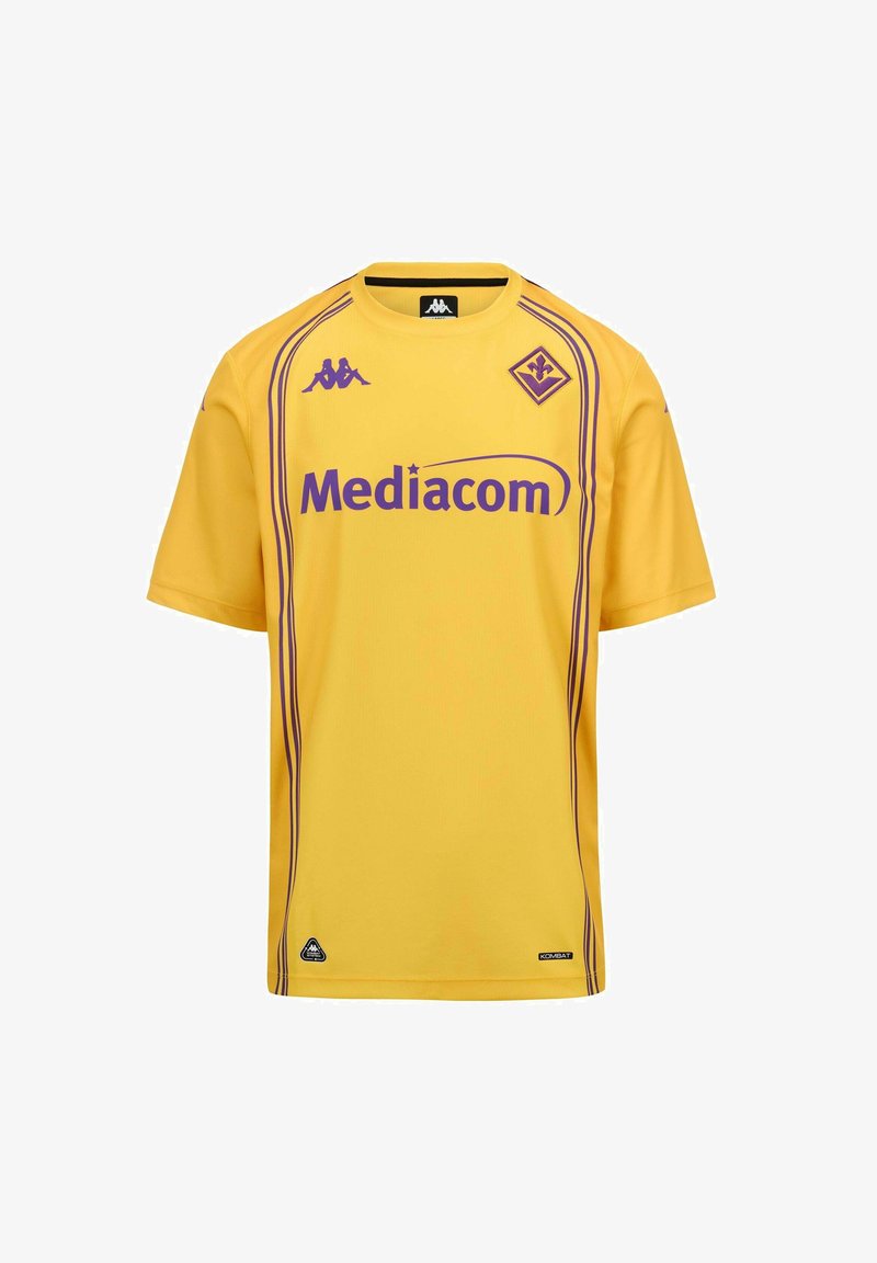 Maillot de football jaune à manches courtes avec sponsor "Mediacom" violet, logos Kappa et écusson du club Fiorentina à l'avant.