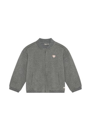Felpa grigia con zip, maniche lunghe, collo e polsini a costine, tasche laterali e un piccolo cuore rosa pallido sul petto sinistro.