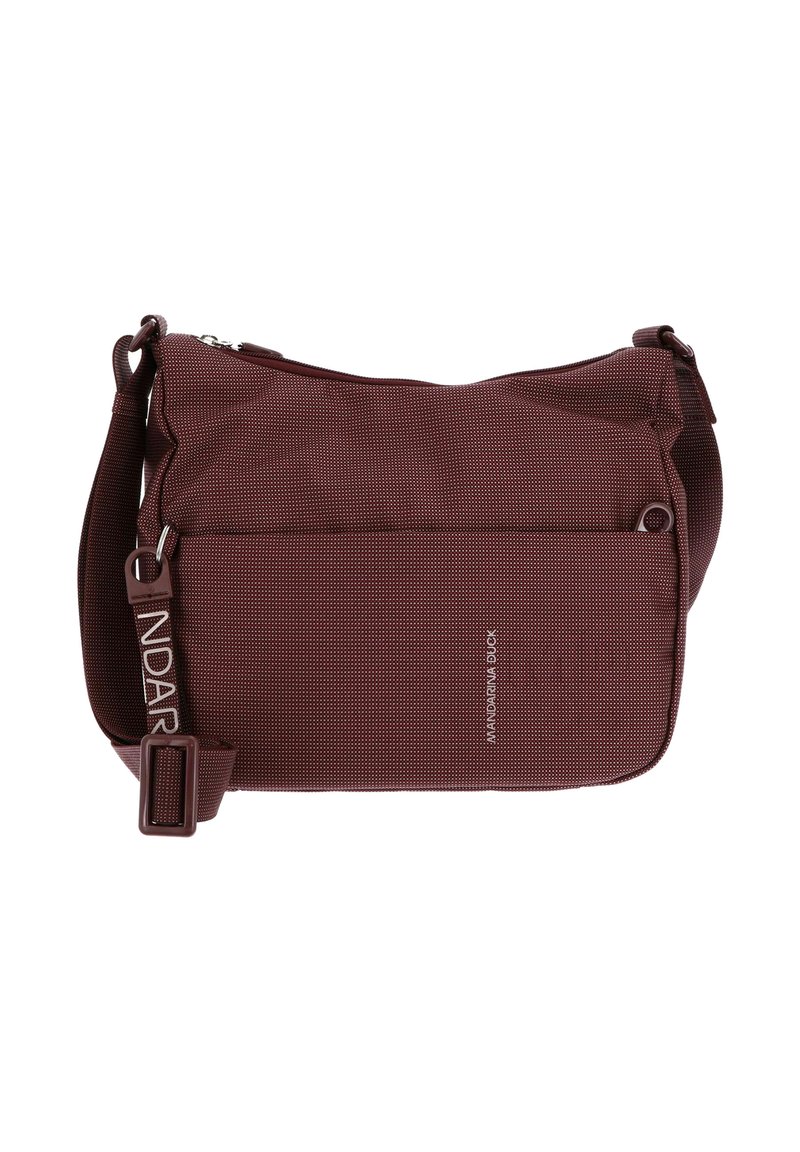 Sac bandoulière texturé bordeaux avec bandoulière réglable, poches zippées à l'avant et logo "MANDARINA DUCK" sur le devant.