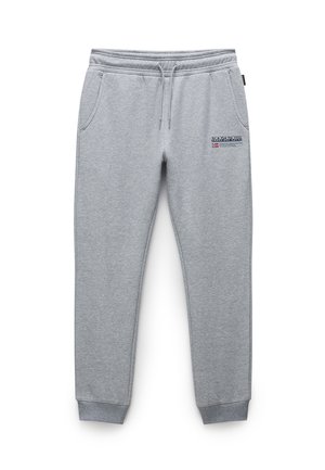 Gray sweatpants made of cotton blend with an elastic waistband, two side pockets, and a logo patch on the upper left thigh.