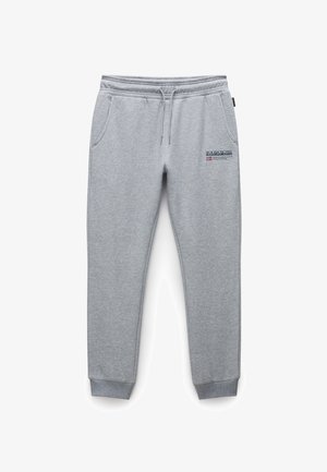 Pantaloni della tuta grigi realizzati in misto cotone con una vita elastica, due tasche laterali e una toppa con logo sulla coscia sinistra.