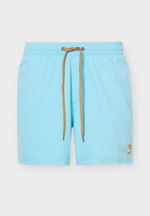 Šviesiai mėlyni maudymosi šortai su elastinga juosmens juosta ir ruda raišteliu, apačioje su maža ruda logotipo žyma.