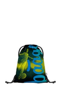 Plecak na sznurku o eleganckim czarnym designie z żywym zielonym, niebieskim i żółtym wzorem graficznym oraz teksturowaną powierzchnią.