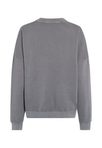 Gray sweatshirt, soft fabric, crew neck, long sleeves, ribbed cuffs and hem, oversized fit, minimalistic design, no visible logos or patterns.