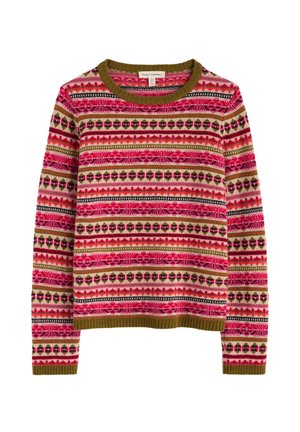 Pull en tricot avec un col rond, motifs géométriques multicolores en rose, vert et beige, avec des poignets et un ourlet côtelés.