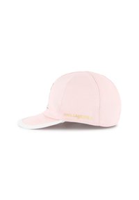 Casquette rose avec une couronne structurée, visière blanche incurvée et marquage doré "KARL LAGERFELD" sur le côté. Fabriquée en tissu texturé.