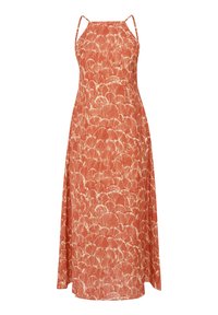 Maxikleid in Terrakotta mit Blattmuster; ärmelloses Design, Riemchen-Details und eine fließende Silhouette mit einer subtilen Textur.