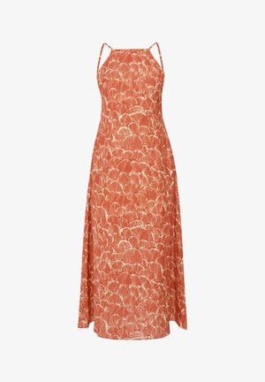 Sukienka maxi w kolorze terakoty z wzorem liści; bez rękawów, z detalami na ramiączkach oraz zwiewną sylwetką o subtelnej fakturze.
