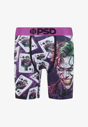 Pánské boxerky s fialovým páskem a designem inspirovaným Jokerem, který zobrazuje Jokerovu tvář a hrací karty s Jokerem a Batmanem.