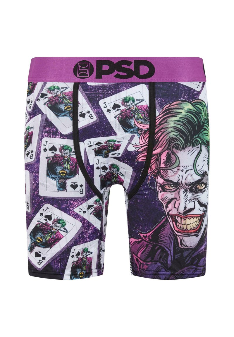 Pánské boxerky s fialovým páskem a designem inspirovaným Jokerem, který zobrazuje Jokerovu tvář a hrací karty s Jokerem a Batmanem.