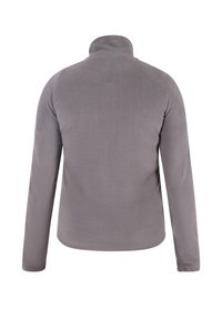 Grijze fleece pullover, hoge kraag, lange mouwen, gladde textuur, met minimale stiksels en zonder zichtbare hardware of patronen.