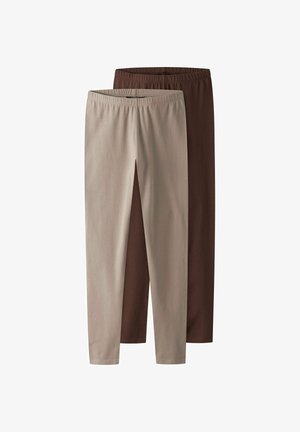 Kaks paari venivaid legginge, üks beez ja teine tumepruun, millel on elastne vöökoht ja slim fit disain. Sile, mugav kangas.