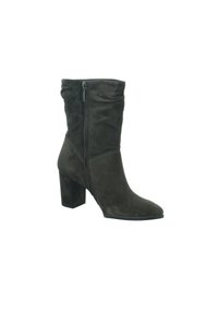 Dark gray suede ankle boot with a tapered toe, slouchy shaft, and a chunky heel. Features a side zipper for easy wear.