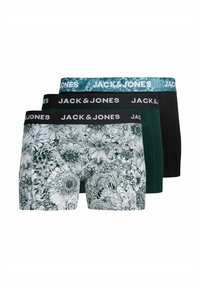 Tre paia di boxer Jack & Jones: uno con un motivo floreale bianco e nero, un paio verde scuro e un paio nero solido.