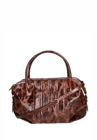 Borsa a mano in pelle marrone con finitura lucida, dotata di due manici e di una tracolla rimovibile. Include dettagli plissettati e hardware dorato.