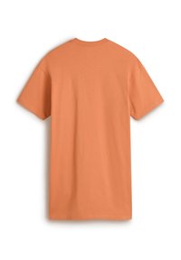 T-shirt à manches courtes de couleur pêche unie, fabriqué en coton doux, avec un col rond et une coupe décontractée. Vue arrière affichée.