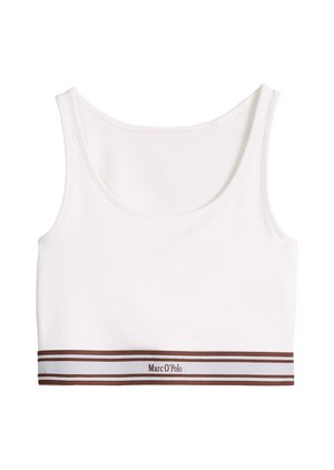 Λευκό cropped tank top με στρογγυλή λαιμόκοψη και καφέ ριγέ ελαστική ταινία στο τελείωμα με την γραφή "Marc O'Polo" στο κέντρο.