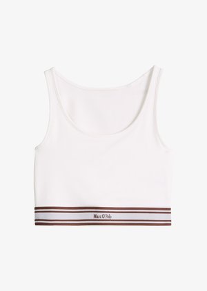 White cropped tank top with scoop neck and brown striped elastic band at hem reading "Marc O'Polo" centered.