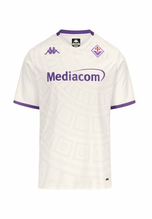 Maillot de football blanc avec bordure violette, logo du sponsor Mediacom, logo Kappa sur la poitrine et écusson du club Fiorentina en haut à gauche.