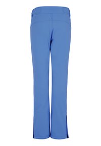 Pantalones azul claro de pierna recta con bolsillos traseros y detalles de cremallera en los bajos, vistos desde atrás.