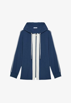 Sweat à capuche bleu marine avec une bande verticale blanche au centre, des cordons blancs, une fermeture éclair intégrale et des rayures blanches le long des manches.