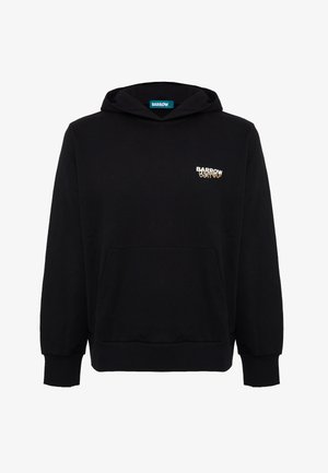 Sudadera con capucha negra con bolsillo delantero y pequeño logo "Barrow" blanco y beige en el pecho izquierdo bajo la capucha.