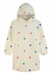 Vestito crema con cappuccio caratterizzato da cuori ricamati multicolori in verde, arancione, viola e blu, con maniche arricciate e una vestibilità comoda.