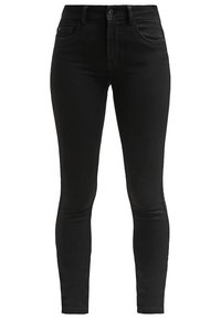 Jeans ajustados negros de mezclilla, con cintura alta, bolsillos frontales, pasadores para cinturón y cierre de botón. Textura suave con un detalle mínimo.