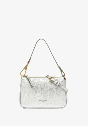 Borsa a mano in pelle argentata con texture, dettaglio oro, tracolla regolabile e chiusura con cerniera, brandizzata Gianni Chiarini Firenze sul davanti.