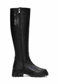 Stivale in pelle nera fino al ginocchio con zip laterale, suola in gomma spessa, superficie liscia e design della punta arrotondata.