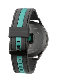 Smartwatch met een zwarte roestvrijstalen behuizing, grijze rubberen band met een centrale aqua-streep en een rechthoekige sensor aan de achterkant.