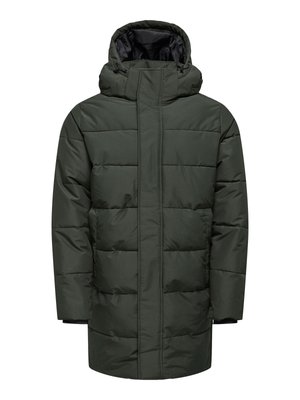 Long, olive green puffer jacket with a hood, featuring quilted sections, a front zipper, and elastic cuffs for a snug fit.