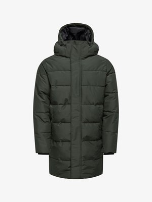 Long, olive green puffer jacket with a hood, featuring quilted sections, a front zipper, and elastic cuffs for a snug fit.