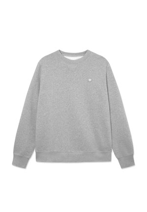 Grauer Pullover aus weichem Baumwollmix. Verfügt über einen klassischen Rundhalsausschnitt, lange Ärmel, gerippte Bündchen und ein kleines Logo auf der Brust.