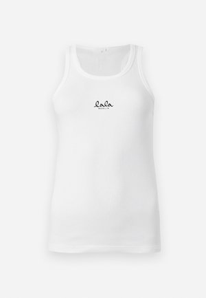 Balts ribotais bezroku tops ar dziļu izgriezumu un "lala BERLIN" melnā krāsā centrēti izdrukāts uz krūtīm.