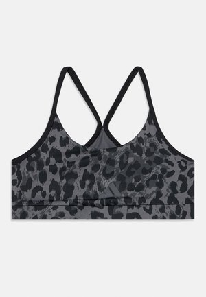 Brassière de sport imprimé léopard noir et gris avec fines bretelles croisées dans le dos et un logo Adidas discret sur la bande avant.