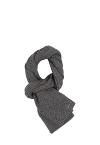 Écharpe tricotée en gris foncé avec des reflets subtils blancs. Possède une finition douce et texturée ainsi qu'une étiquette à une extrémité. Mesure environ 180 cm de long.