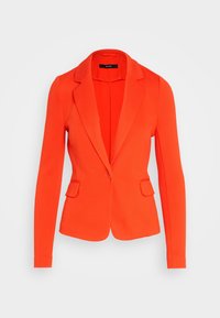 Blazer rosso realizzato in tessuto strutturato con una vestibilità su misura, caratterizzato da revers a punta, chiusura con un bottone e due tasche frontali.
