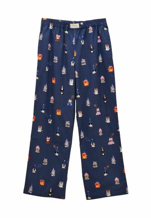 Navy pajama pants made of lightweight material, featuring a colorful pattern of animals in party hats and various playful accents.