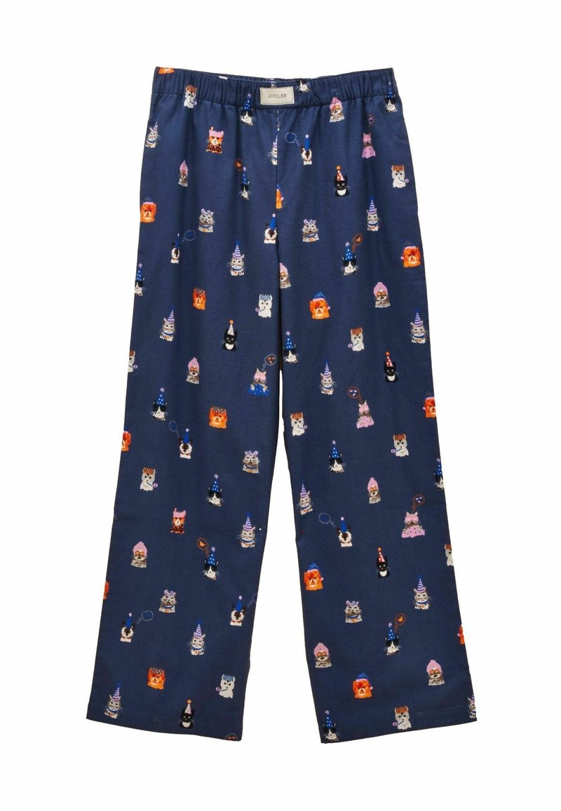 Námořnické pyžamo kalhoty vyrobené z lehkého materiálu, s barevným vzorem zvířat v party kloboucích a různými hravými akcenty.