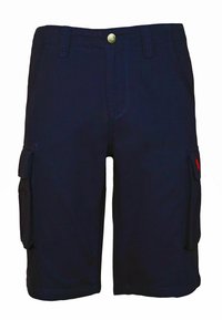 Marinblå cargoshorts med flera sidofickor, knappstängning och kontrasterande sömmar. Tillverkade av slitstarkt tyg, med en klassisk design.