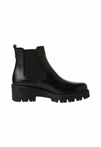 Botines de cuero negro con paneles laterales elásticos, punta redondeada y suela de goma texturizada con un diseño de banda gruesa.