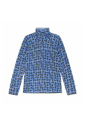 Langärmeliges Rollkragenoberteil aus blauem Stoff mit geometrischem Muster aus Rechtecken in Schwarz und Hellblau. Weiche Textur mit figurbetonter Silhouette.