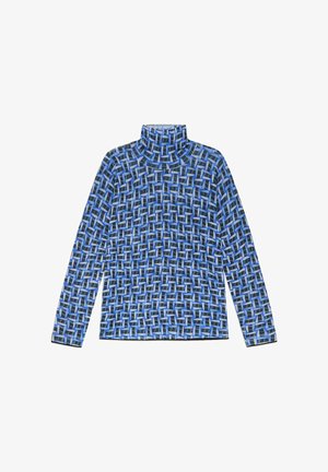 Langärmeliges Rollkragenoberteil aus blauem Stoff mit geometrischem Muster aus Rechtecken in Schwarz und Hellblau. Weiche Textur mit figurbetonter Silhouette.