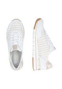 White athletic shoes with a textured woven upper, cream accents, and a rubber sole. Features laces and a cushioned insole for comfort.