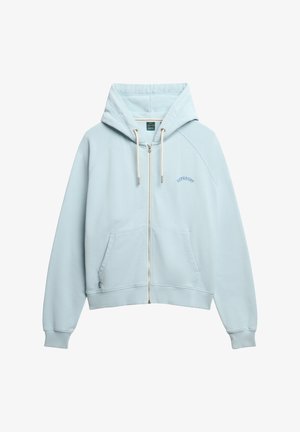Lichtblauwe zip-up hoodie van zacht materiaal, met een kangoeroe zak, een trekkoord voor de capuchon en een geborduurd logo op de borst.